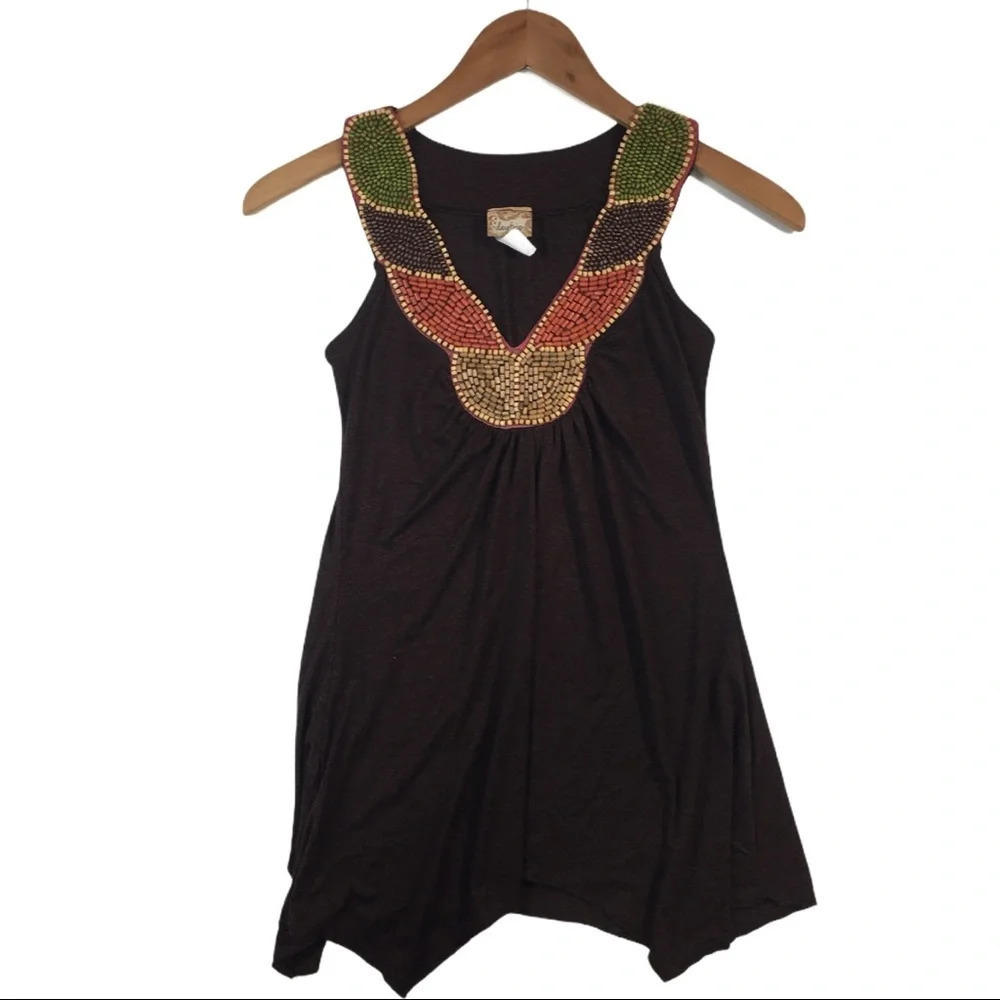 WS651 Daytrip Wood Beaded Sleeveless Boho Top XS